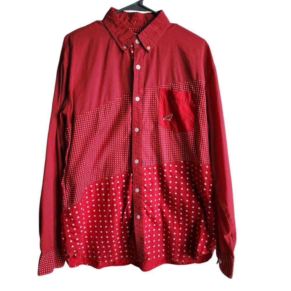 ​STAPLE Pigeon Brand XL Red Polka Dot Patchwork Button Up Shirt 100% Cotton READ